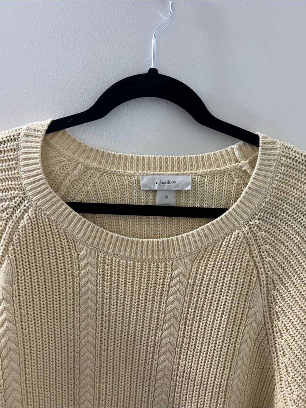 CJ Banks Cream Cable-Knit Crewneck Sweater